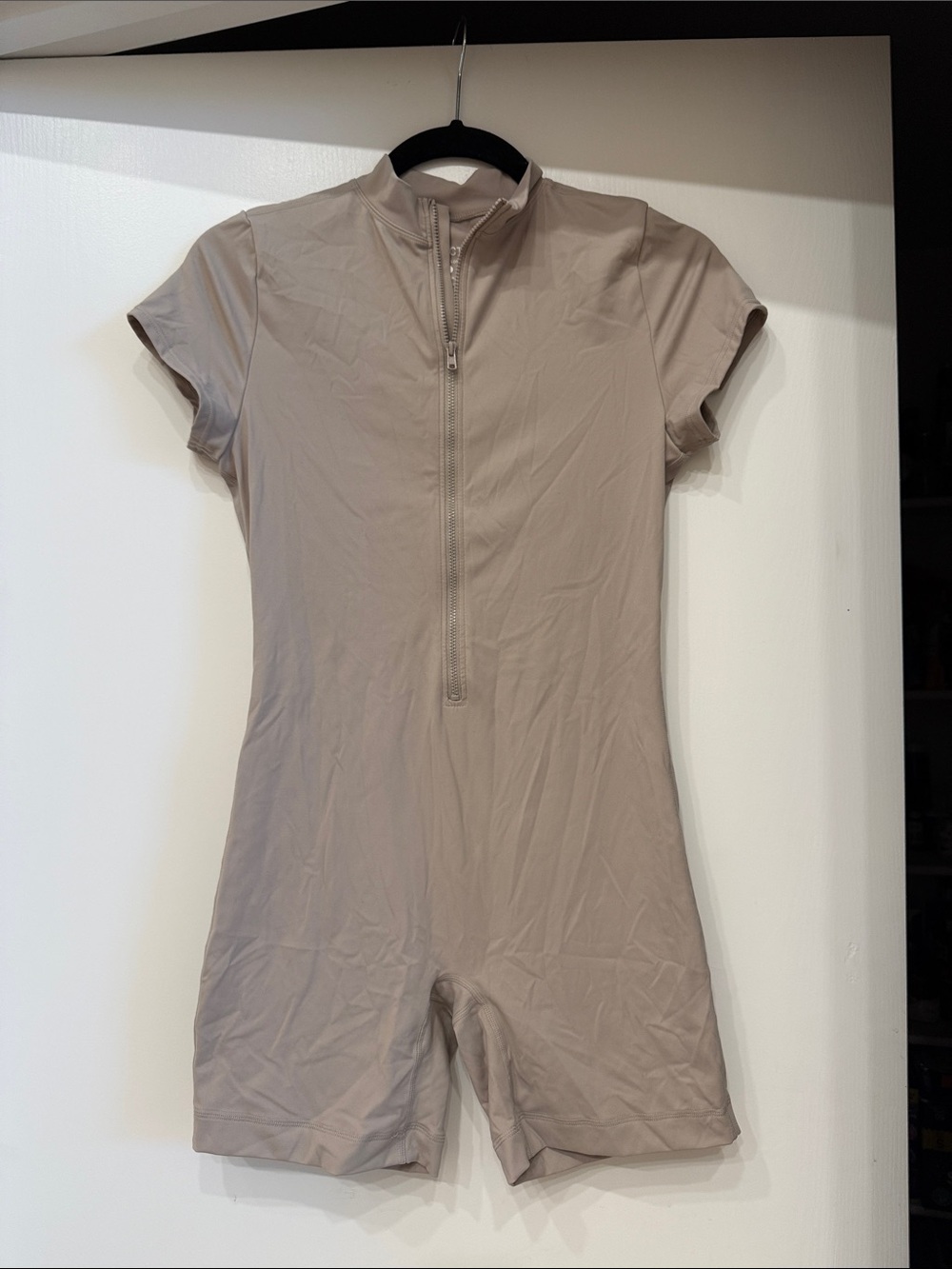 SET Active Short-Sleeve Zip Romper in Taupe